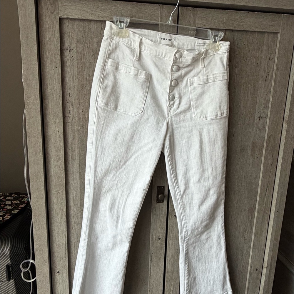 Frame Denim White High-Rise Flare Jeans with Button-Fly